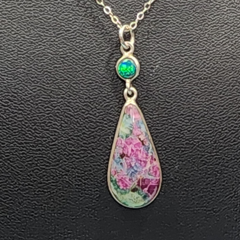Vintage Opal, Ruby Zoisite, and Sterling Necklace - Picture 4 of 5